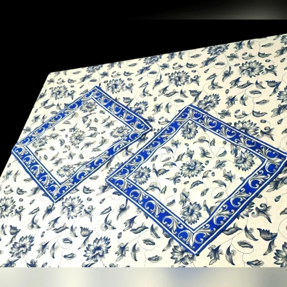 Vintage India White blue floral tablecloth